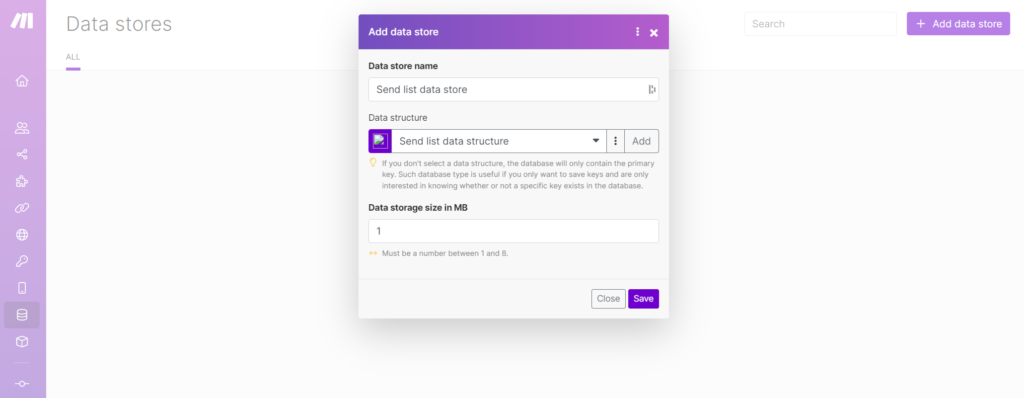 Data structureが設定された様子