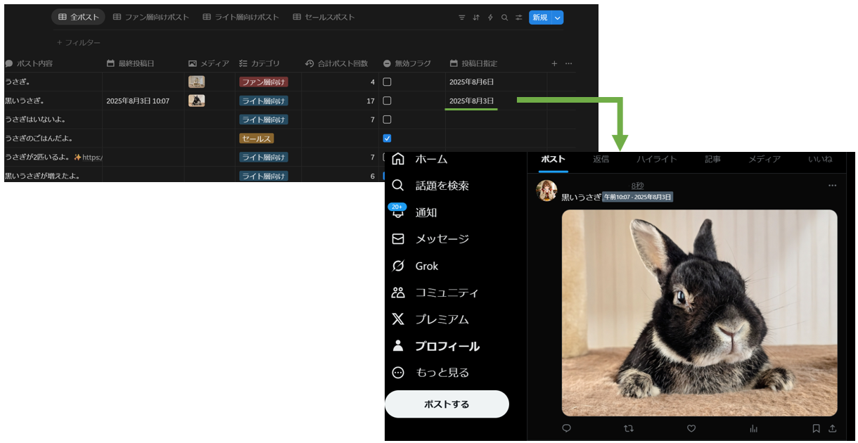 指定した投稿日にXにポスト投稿している様子